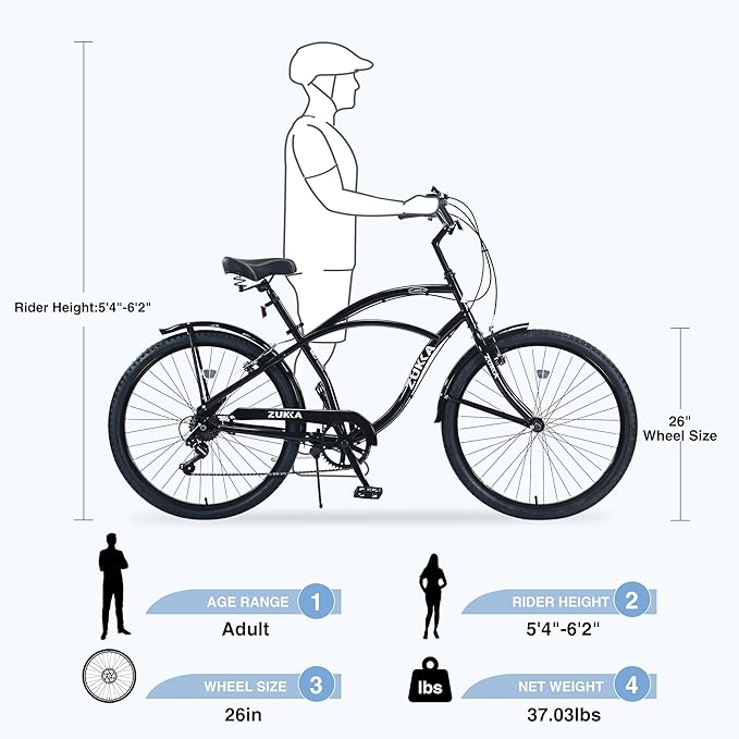 26 Inch Beach Cruiser Bike for Women/Girls/Men/Senior/Adults, City Hybrid Bike 7 speeds Steel Frame Commuter Bike for Women Men Senior, 7 Colors