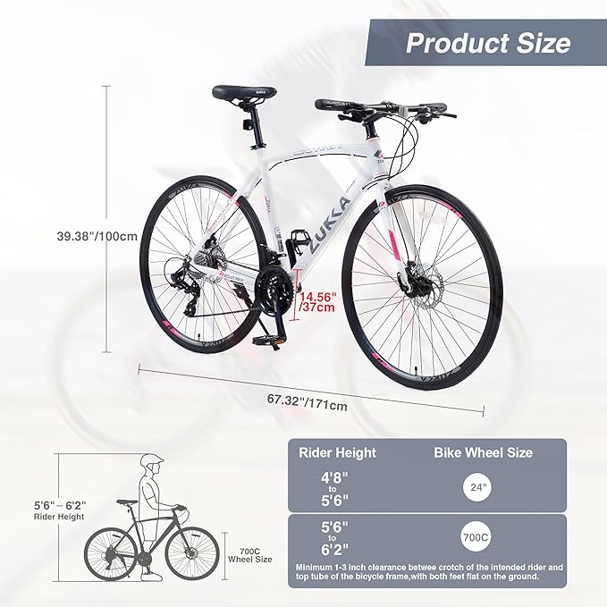 ZUKKA 700C Road Bike for Adult 24-Speed Unisex Hybrid Road Bicycle, Alloy Frame/Dual-Disc Brakes/Multiple Colors
