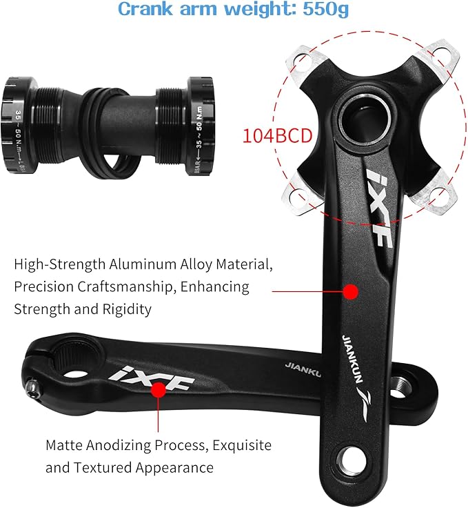 ZTZ Mountain Bike 170mm Crankset with 104 BCD 32/34/36/38T Chainring, Aluminum Alloy MTB Crank Narrow Wide CNC Round Chainring Bolts Fit for Mountain Bike, Road Bike Crank