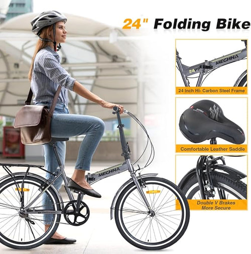 24 Inch Folding Bike for Adults, Steel Frame Single Speed City Commuter Bicycle, Dual V-Brake Portable Compact Bike with Fenders for Men Women