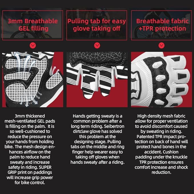 Seibertron Unisex BMX MX ATV MTB Racing Mountain Bike Bicycle Cycling Off-Road/Dirt Bike Gloves Road Racing Motorcycle Motocross Sports Gloves Touch Recognition Full Finger Glove