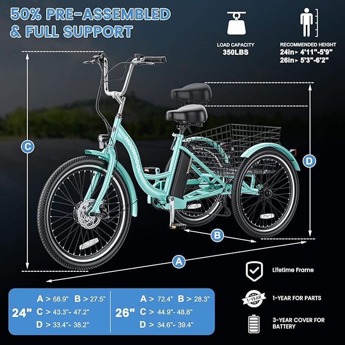 MOONCOOL MONCOOL Adult Electric Tricycle, 350W Front Drive Motor (Peak 700W), 15.5MPH E-Trike with Removable 36V 14.5Ah Battery, 60 Miles Range, 24/26 Inch 7-Speed 3 Wheel Electric Bike, Large Basket