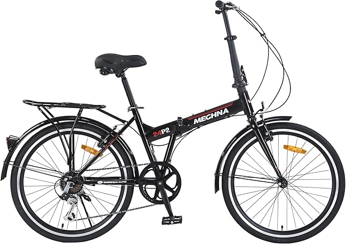 24 Inch Folding Bike for Adults, 7 Speed City Bicycle with Steel Frame, Front and Rear V Brakes for Commuting and Outdoor Riding,Black