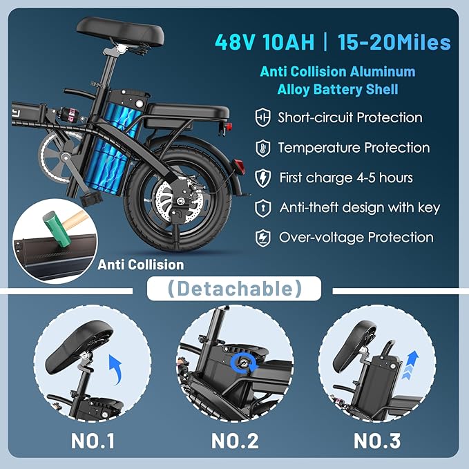 Foldable Electric Bike for Adults and Teens, 700W Peak Motor Ebike with 30-60 Miles PAS Range, 14" Folding Mini E Bike for Commute, Electric Bicycle with 48V Removable Battery