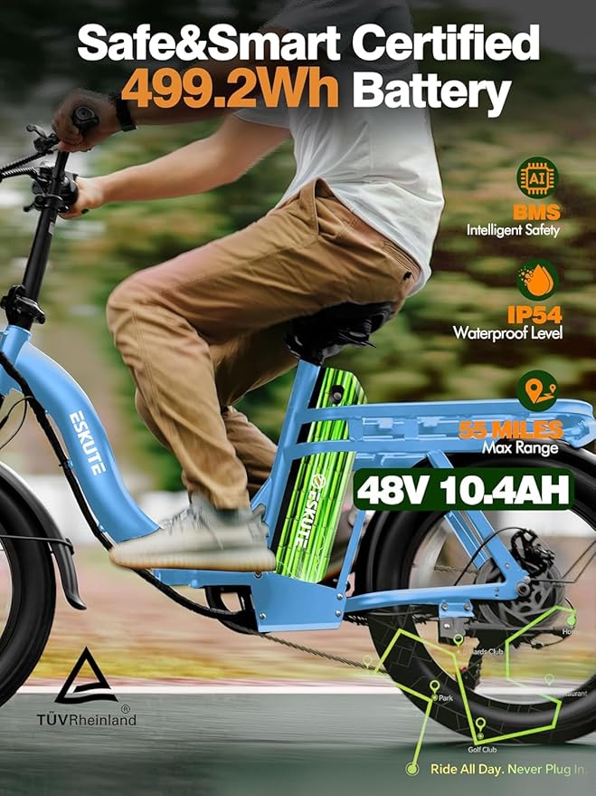 ESKUTE Electric Bike for Adults – 1200W Peak Motor, Folding 20x3 Fat Tire E‑Bike, 48V 10.4Ah Battery, Step‑Through Cargo Fold Ebike, NFC Unlock, 28 MPH, 7‑Speed, Up to 55 Miles