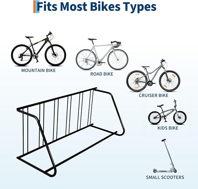 Single Side 6 Bike Floor Rack 72 Inch Length Freestanding Bicycle Parking Stand In Ground Grid Design For Garages Streets Yards And Bike Events Heavy Duty Storage (Black, Single Side 6 Bike)