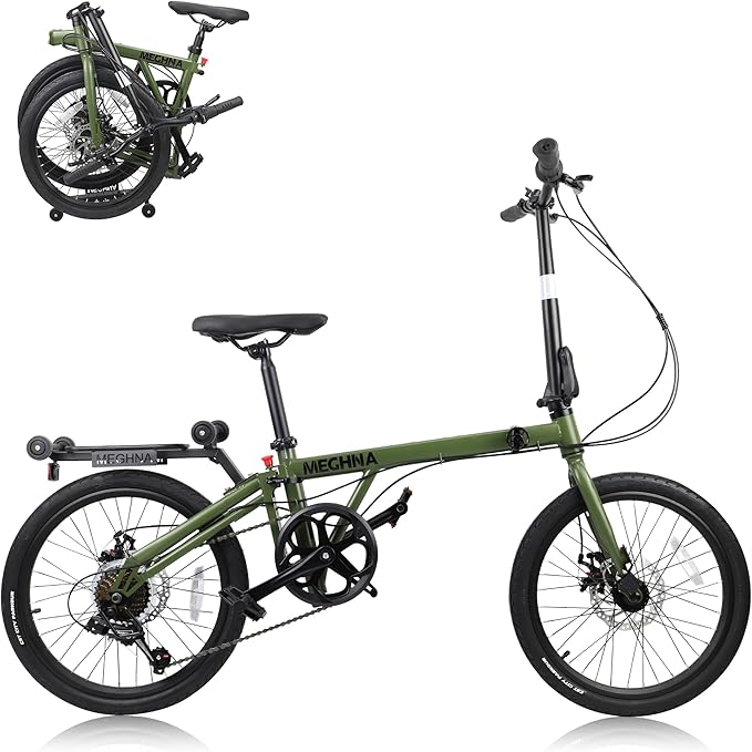 7-Speed Folding Bike, 20" x 1.95" Tires, Tri-Fold Design with Rear Rack Wheels, Steel Frame, Ideal for Urban Commuting
