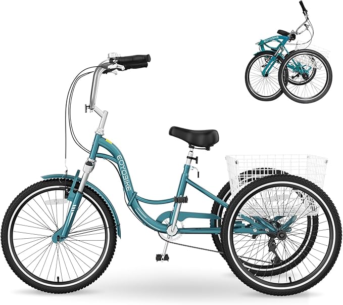 MOPHOTO Adult Folding Tricycle, 7-Speed 3 Wheel Bike for Adults, Seniors, Women & Men, 20/24/26 Inch Low Step-Through Trike with Large Rear Cargo Basket, Adjustable Seat, Space-Saving Cruiser Bicycle