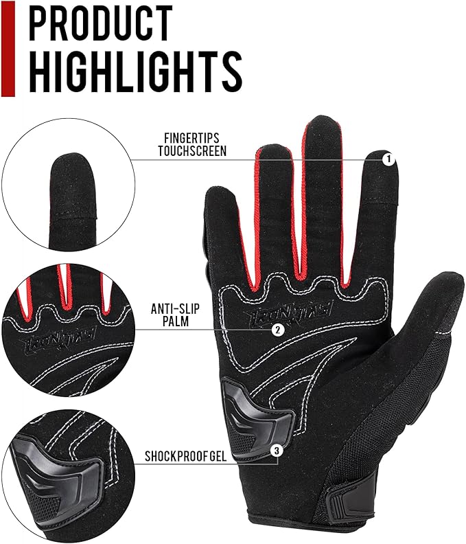 IRON JIA'S Motorcycle Gloves Full Finger Durable for Road Racing Bike Summer Spring Powersports Support Touch Screen red-M