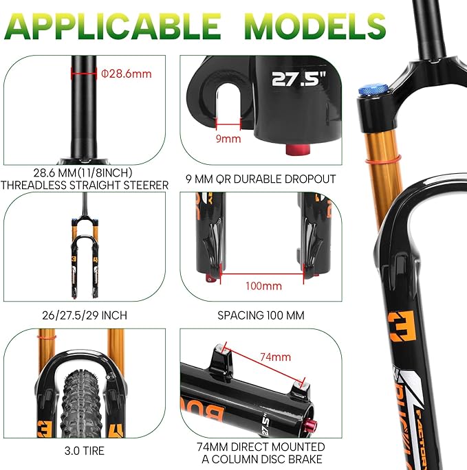 BUCKLOS 26/27.5/29 inch Travel 140mm MTB Air Suspension Fork, Rebound Adjustment 34mm Stanchions 1-1/8" Threadless Straight/Tapered 9*100mm QR Manual/Remote Lockout XC AM Mountain Bicycle Front Forks