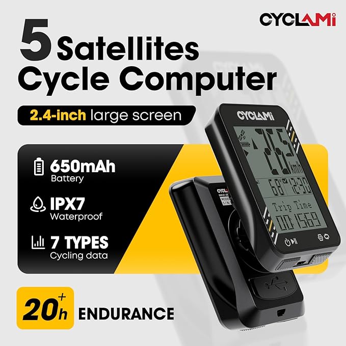 Bike Computer Wireless - 5-Satellite GPS Cycling Speedometer | 2.4" Sun-Readable Screen | 50g Ultralight | 20+H Battery IPX7 Waterproof Bicycle GPS for Road/MTB Bikes (No Bluetooth connection)
