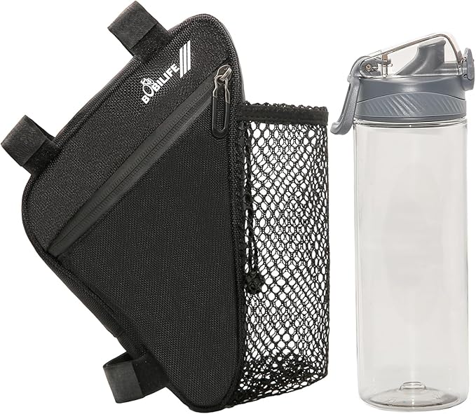 Bike Triangle Frame Bag with Bottle/Mini Speaker Holder - Bicycle Cycling Storage Triangle Top Tube Front Pouch Saddle Bag for Road and Mountain Bikes (W/Tritan Bottle)
