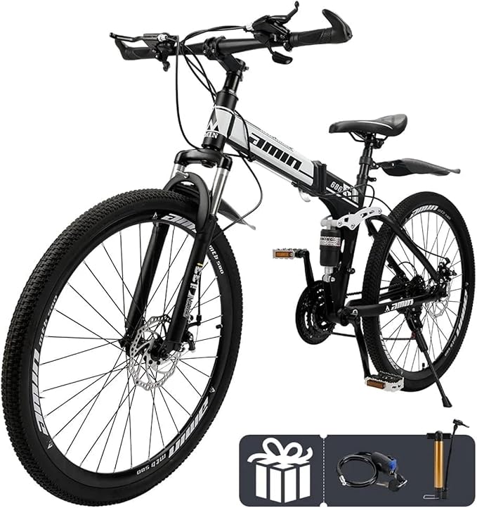 Bruce & Shark 26" Folding Mountain Bike for Men, 21 Speeds Full Suspension Commuter Bicycle, High Carbon Steel & Disc Brakes, Portable City Outdoor Bike for Adult Youth Teen