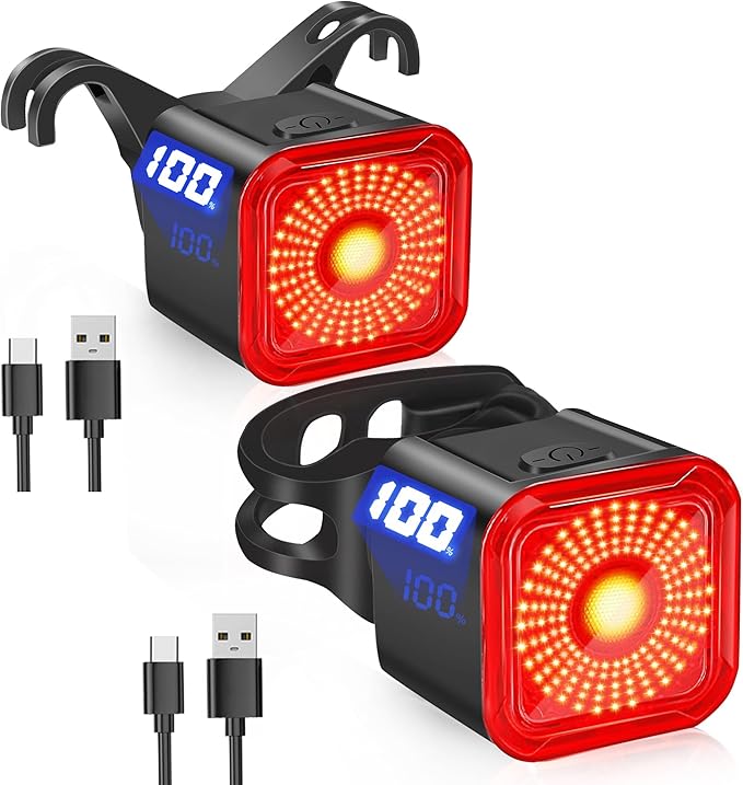 DARKBEAM Bike Tail Light with LED Display Screen, USB-C Rechargeable 6 Light Modes, IP55 Waterproof Bicycle Taillight for Night Riding, Super Bright Rear Bike Light for Road Mountain, 2 Pack