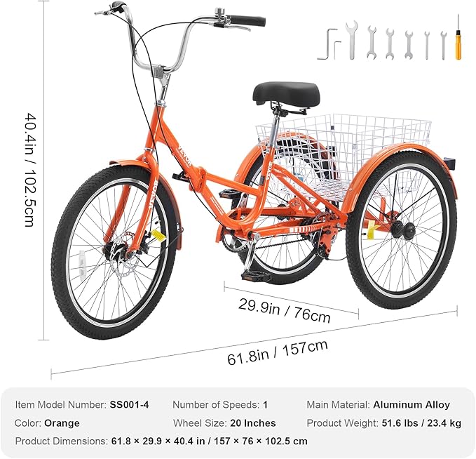VEVOR Folding Adult Tricycle,Adult Folding Trikes, 3 Wheel Cruiser Bike with Large Basket & Adjustable Seat, Shopping Picnic Foldable Tricycles for Women, Men, Seniors