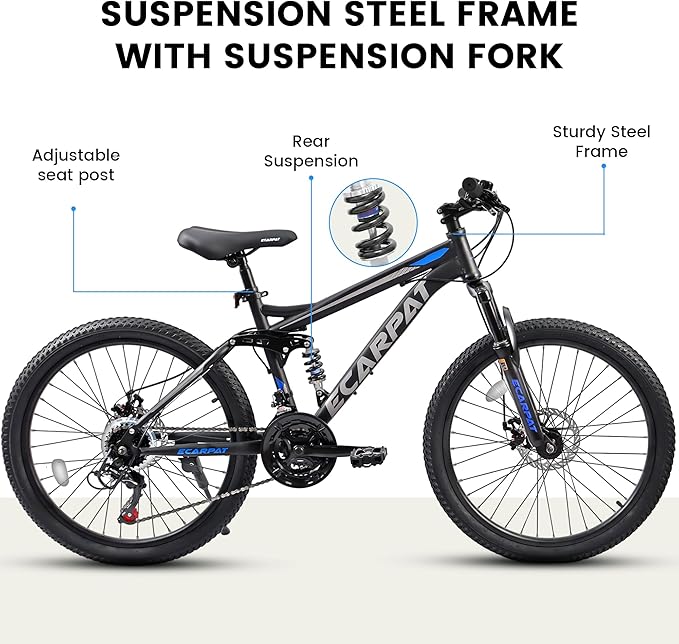 Ecarpat 24/26/27.5 Inch Mountain Bike, Full/Front Suspension Mens Boys Mountain Bike with 21 Speed Steel Frame and Dual Disc Brakes, Adult Sport Bicycle for Trail City Road, Gift Choice