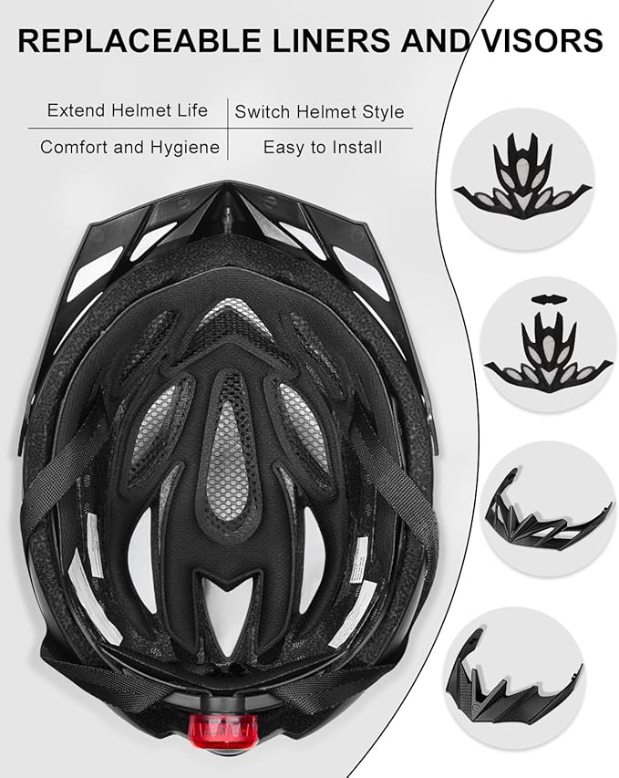 KINGBIKE Bike Helmet for Adult Men Women Youth Road Commute Mountain Cycling Helmets with USB Rechargeable Light Replaceable Padding and Visors Lightweight 20.4-23.6in