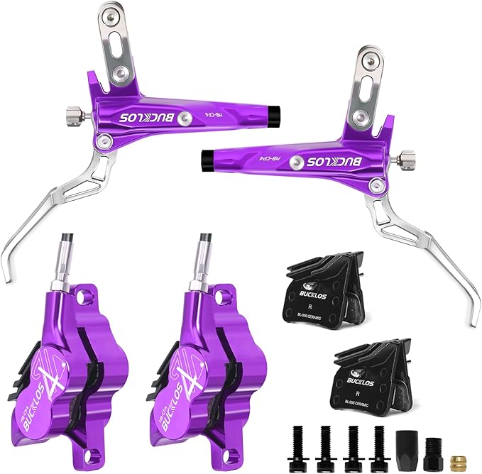 BUCKLOS MTB Hydraulic Disc Brake Set 4 Pistons Front 850mm and Rear 1550mm Hydraulic Brakes with Aluminum Alloy Lever with Caliper Ceramic Brake Pad Fit Mountain Bike,Ebike,Fat Bike HB-CP4 (Pre-Bled)