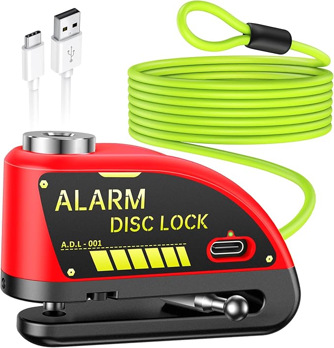 ONVIAN Rechargeable Motorcycle Lock with 120db Alarm and 6FT Steel Reminder Cable, for 7mm Pin Motorcycles Bicycles Ebike Scooter Moped(Red)