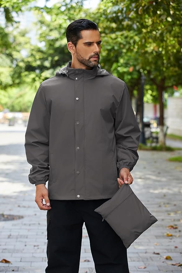 COOFANDY Men's Rain Jacket Waterproof Packable Raincoat Lightweight Rain Shell Hood Travel Golf Hiking Cycling Zip Pockets