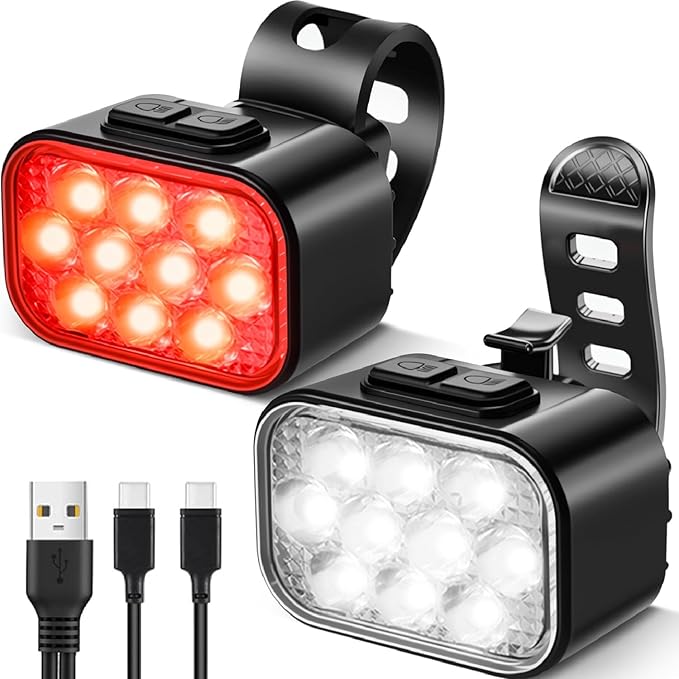 Victoper 10 LED Bike Light, 8+9 Modes USB Rechargeable Bicycle Lite, High Lumens Super Bright Bike Headlight & Taillight Set, Waterproof Safety Bike Front & Rearlight for Road, Night Riding