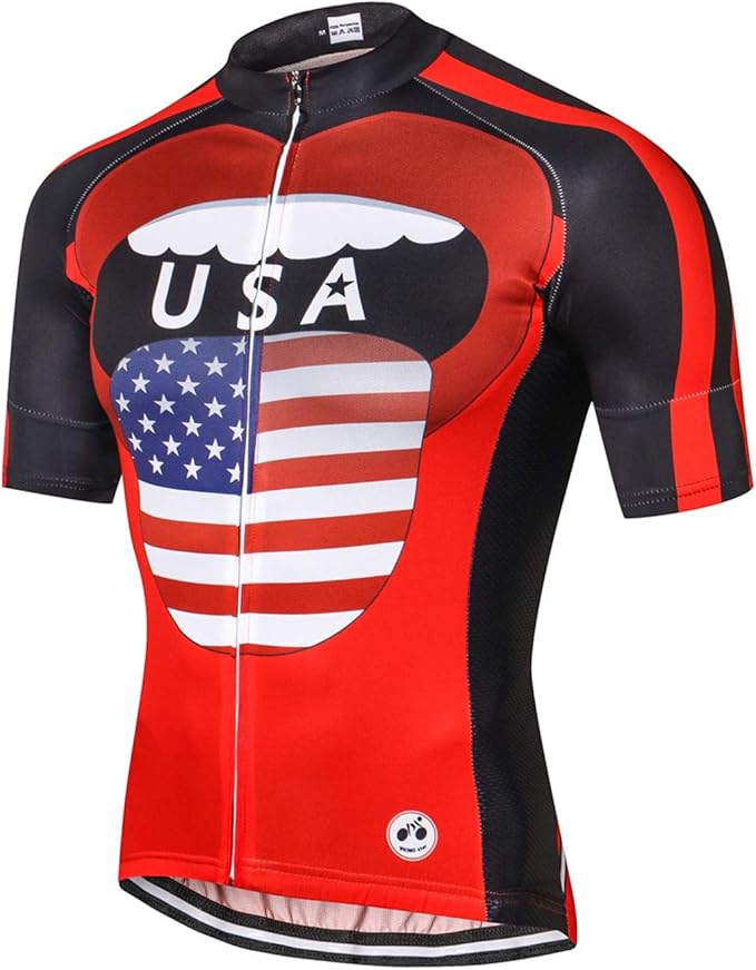 Cycling Jersey Men USA Summer Bike Short Sleeve 3-Pockets Breathable Quick-Dry Shirt S-3XL