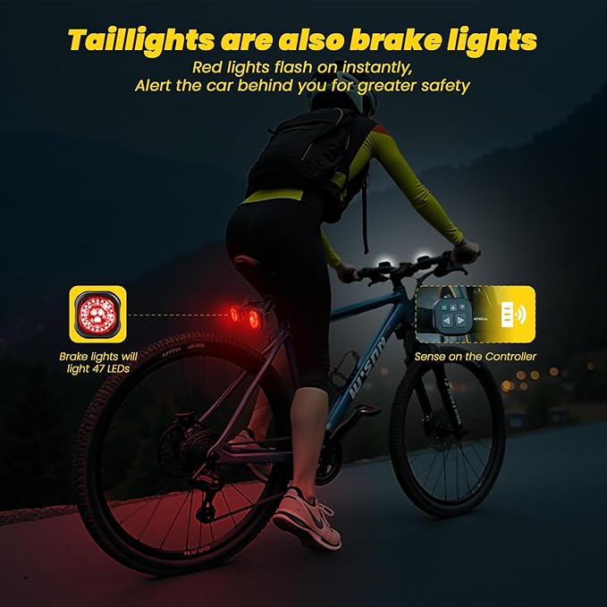 Smart Bike Lights System-Taillight,Headlight&Turn Signal,Sync Front&Rear Bike Light for Night Riding,3+2+1 Light Modes Rechargeable Bicycle Light with Remote Controller,IP67 Waterproof Day/Night Mode