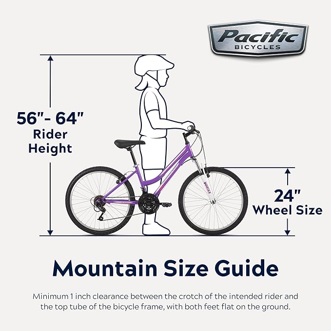 Pacific Mountain Sport Bike, 24 or 26 inch Mountain Bike for Youth and Adults, 18 Speed, Steel Frame, Knobby Tires, Front Suspension Fork, Twist Shifters, Linear Pull Brakes, Youth and Adult Bicycle