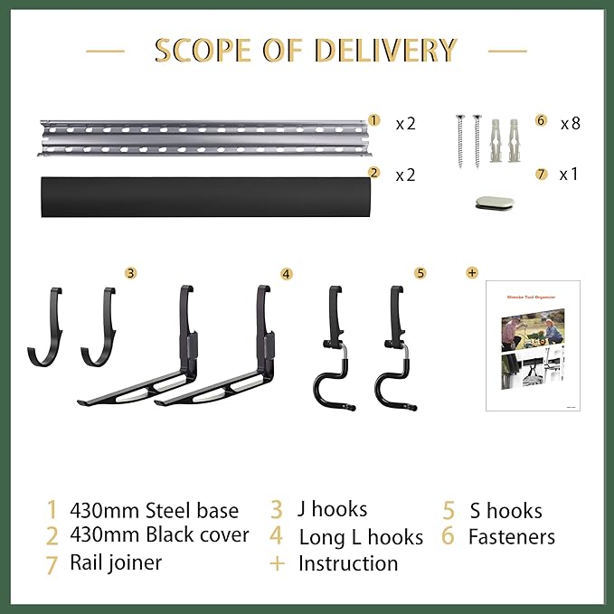 Wall-Mounted Rack With 6 Garage Hooks, Heavy-Duty Aerospace-Grade Aluminum Alloy Hooks Garage & Garden Storage for Shed, Workshop, or Home Organization – For Rakes, Shovels, Tools & More