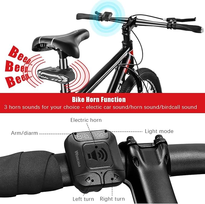 WSDCAM Bike Cargo Rack Tail Light with Turn Signals and Brake Light, Wireless Bike Horn Alarm, Auto On/Off USB C Rechargeable Bicycle Tail Light Rear Rack Bike Light Turn Signal Lights for Road Safety