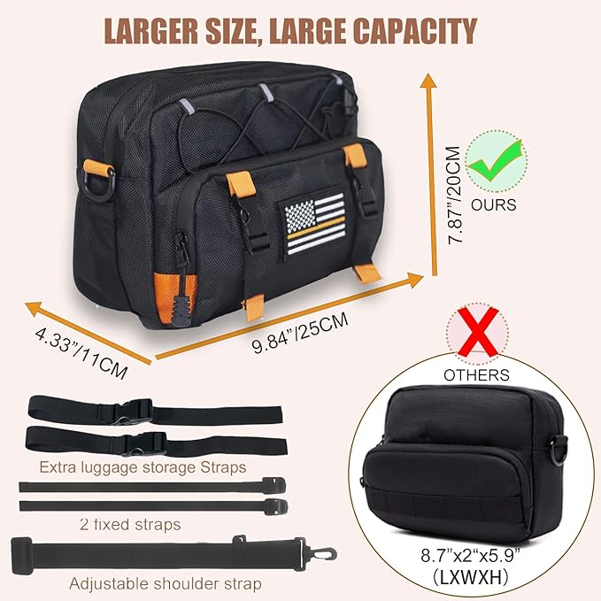 Universal Black Motorcycle Handlebar Bag - Water-resistant American Flag 1680D Tool Bag for Motorbike, Cruiser, Softail, Dyna, Sportsters, Dirt Bike, ATV
