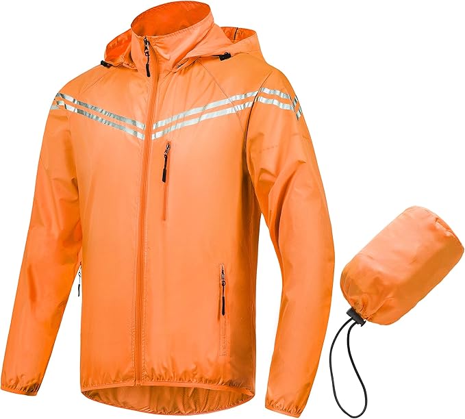CREATMO US Men's Packable Waterproof Running Rain Coats Reflective Cycling Jacket Windbreaker With Removable Hood