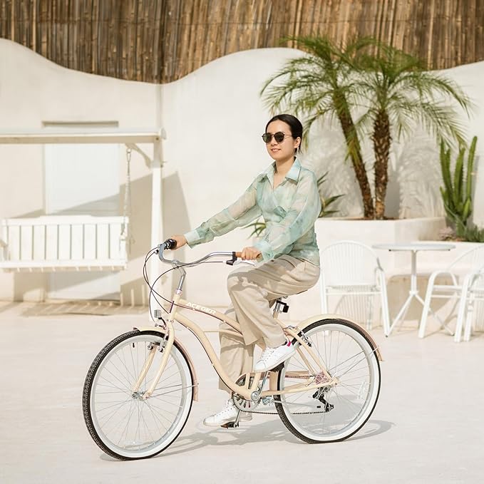 ACEGER 24 26 Inch Women Beach Cruiser Bike, Single Speed and 7 Speed, Adult Hybrid Bike Commuter Bicycle, Hi-Ten Steel Frame with Adjustable Handlebar and Saddle, Multiple Colors