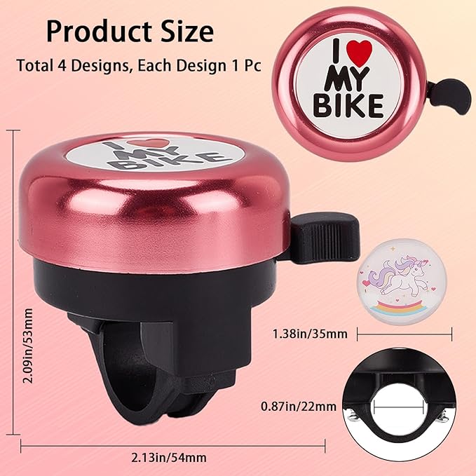 CREATCABIN I Love My Bike Bicycle Bell Aluminum Alloy Bike Bells Ring Round Pink Loud Sound Cycling Handlebars Bells with 4Pcs Resin Stickers