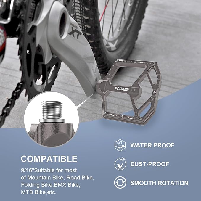 FOOKER Mountain Bike Pedals,Non-Slip Bicycle Flat Pedals Aluminum 9/16",MTB Pedals Wide Platform Pedals for Mountain Bike, BMX, Road Bike Pedals