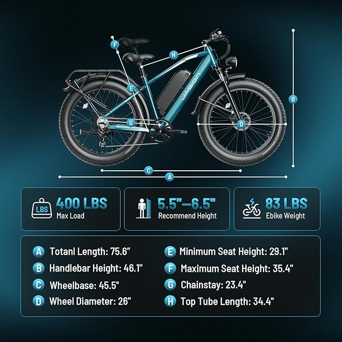 Jasion EB5 MAX Electric Bike for Adults with 2000W Peak Motor, 48V 15Ah (720Wh) Battery Electric Mountain Bike, 26'' x 4'' Fat Tire Ebike, 28+MPH Speed, Cruise Control, with Fenders, Rear Rack