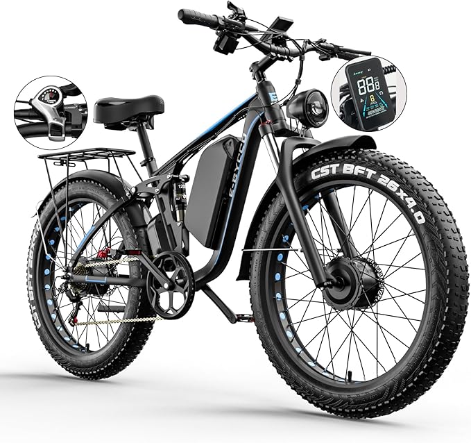 Electric Bike, Max 40-45MPH & 100 Miles, 5000W Peak Dual Motor Adult E-Bike, 52V 32Ah Battery Ebike, 24'' 26" Hydraulic Disc Brakes, Fat Tire All-Terrain Hunting Electric Bike, Full Suspension