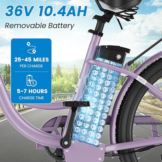 350W Electric Bike for Adults, 20MPH 7-Speed Commuter Ebike with 36V 10.4Ah Battery, Aluminum Frame, Front Suspension, Dual Disc Brakes, E Bicycle with Basket & Rear Rack, 330 lbs Load