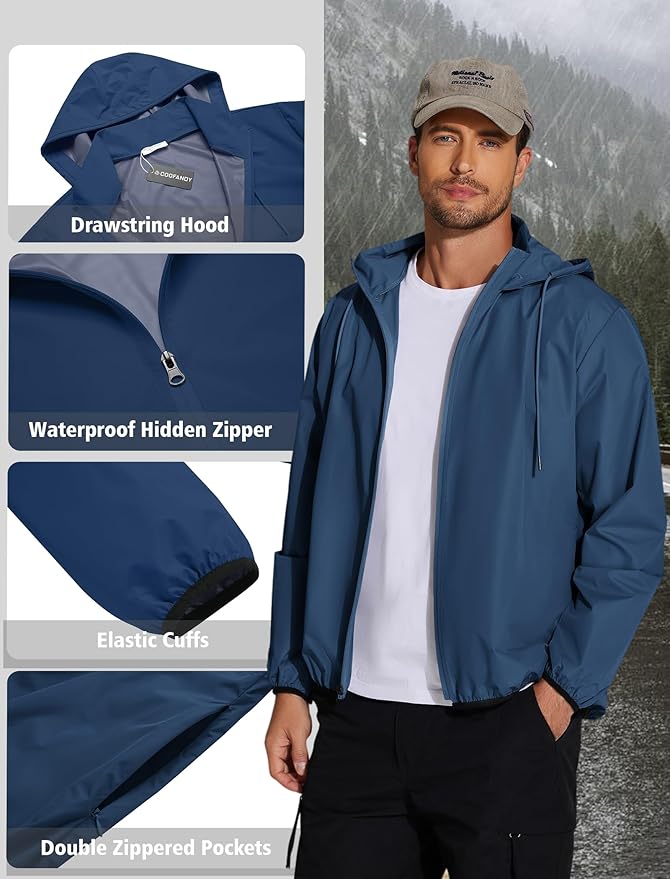 COOFANDY Men's Light Rain Jacket with Hood Packable Waterproof Raincoat Golf Rain Gear Travel Hiking Windbreaker