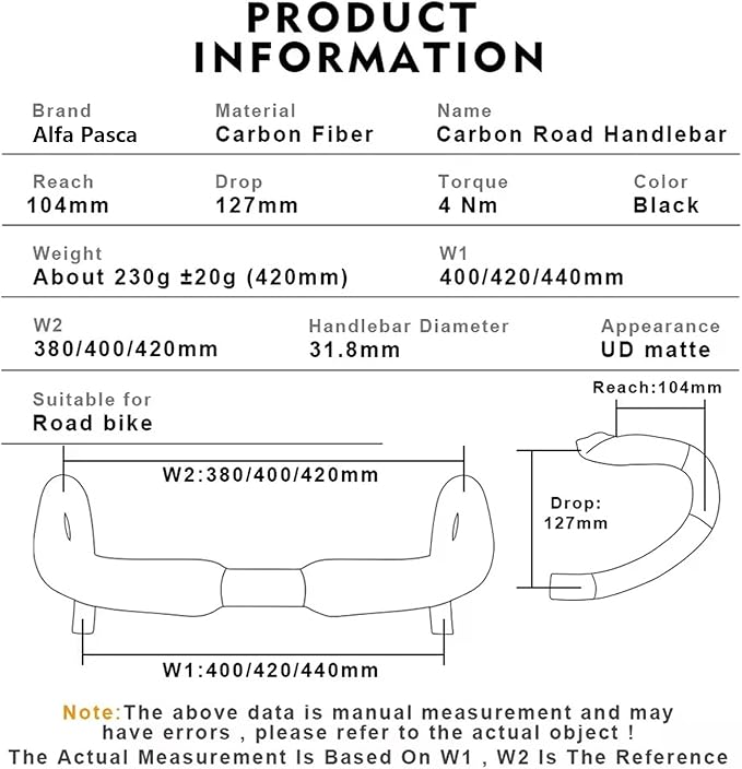 Alfa Pasca Aero Handlebars for Road Bike Carbon Racing Bicycle Handlebars Drop Bars Lightweight 31.8 UD Glossy/Matte 400/420/440mm