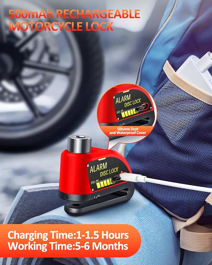 ONVIAN Rechargeable Motorcycle Lock with 120db Alarm and 6FT Steel Reminder Cable, for 7mm Pin Motorcycles Bicycles Ebike Scooter Moped(Red)