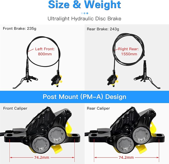 ZTZ IIIPRO IV4 Upgraded 4-Piston Hydraulic Brake Set, Hydraulic Disc Brake Kit with Ceramic Brake Pads for Mountain Bike/Ebike/Folding Bike/Fat Bike（Left Front 850mm and Right Rear 1550mm）