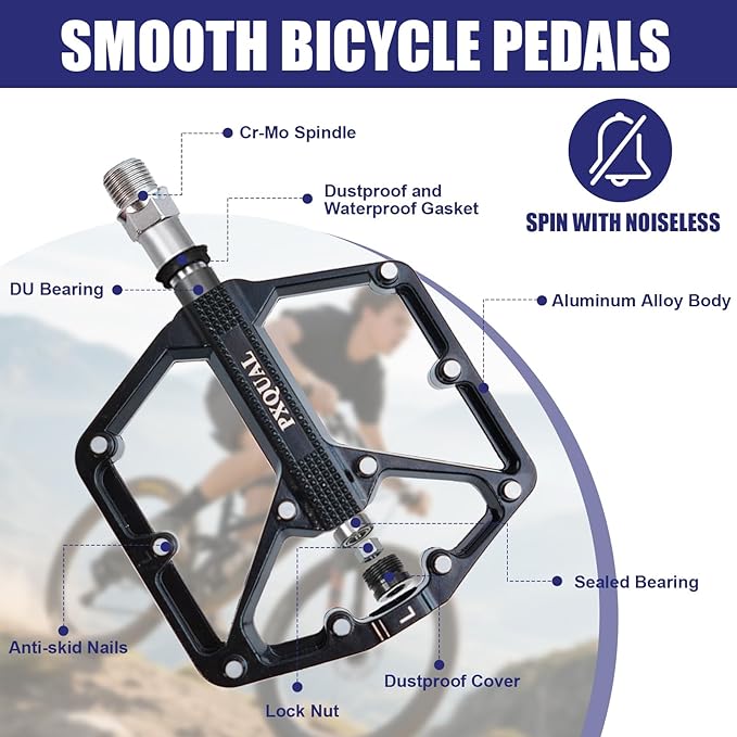 Mountain Bike Pedals MTB Bicycle Flat Pedals 3 Sealed Bearings Aluminum 9/16" Lightweight Platform for Road MTB