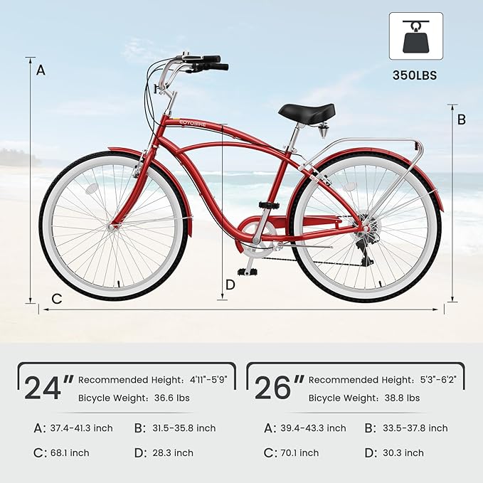 MOPHOTO 24" 26" Adult Bike 7-Speed Beach Cruiser Bike for Adults, Rear Rack, Fenders, Step-Through or Classic Frame