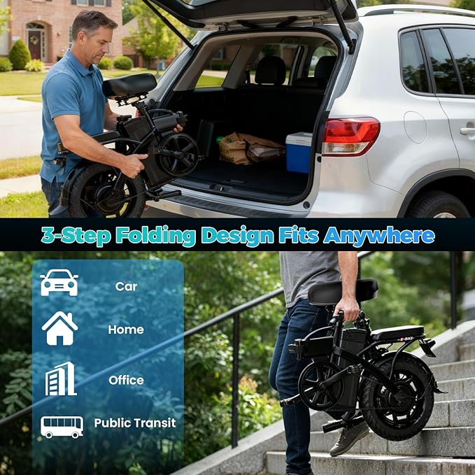Electric Bike for Adults Teens, 800W Peak Motor, 25MPH Folding Ebike, 30 Miles, 48V 10AH Removable Battery, 14" Foldable Electric Mini Bike for Commute Outdoor