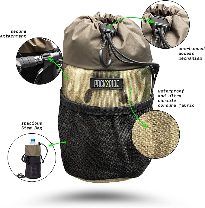 Bongo Bike Handlebar Bag - Water Resistant & Durable Fabric Bicycle Water Bottle Holder, Secure Attachment Bikepacking Stem Bag, One-Handed Access Feed Bag, Front Storage for Cycling - Camo