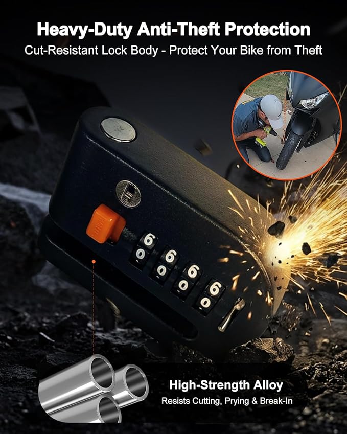 Motorcycle Disc Brake Lock, Motorcycle Locks Anti-Theft High Security 4-Digit Code Wheel Brake Lock Waterproof Alloy with Reminder Cable and Keys for Motorbike, E-Bikes, Scooters, Mountain Bike