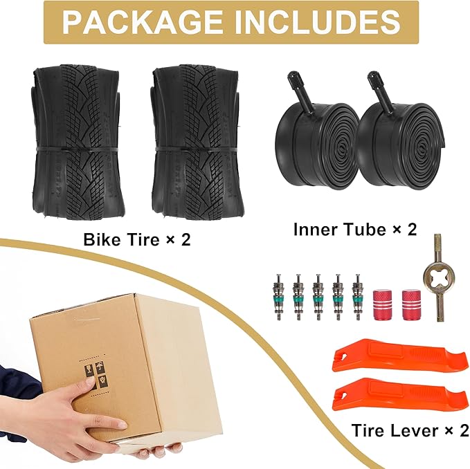 2-Pack 20x1.75 Bike Tire Tube, 20 Inch Mountain Bike Tires & Tubes, Folding Replacement Bicycle Tires with 2 Tire Levers for Hybrid, City Commuter, Urban