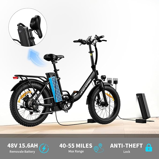 WINDHORSE 20" Foldable Electric Bike, 983W Peak Motor, 20MPH, 40–70 Miles, 48V 748.8Wh Removable UL Battery, Front Suspension, Fat Tire E-Bike for Commuting, Beach, All -Terrain | Adults & Teens