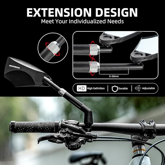 ROCKBROS Bike Mirrors for Handlebars, HD Anti-glare & Scratch Resistant Rear View Bicycle Mirrors, Foldable, Retractable & Adjustable Mount for 21-24cm Handlebar, Ebike, Escooter Accessories (Right)